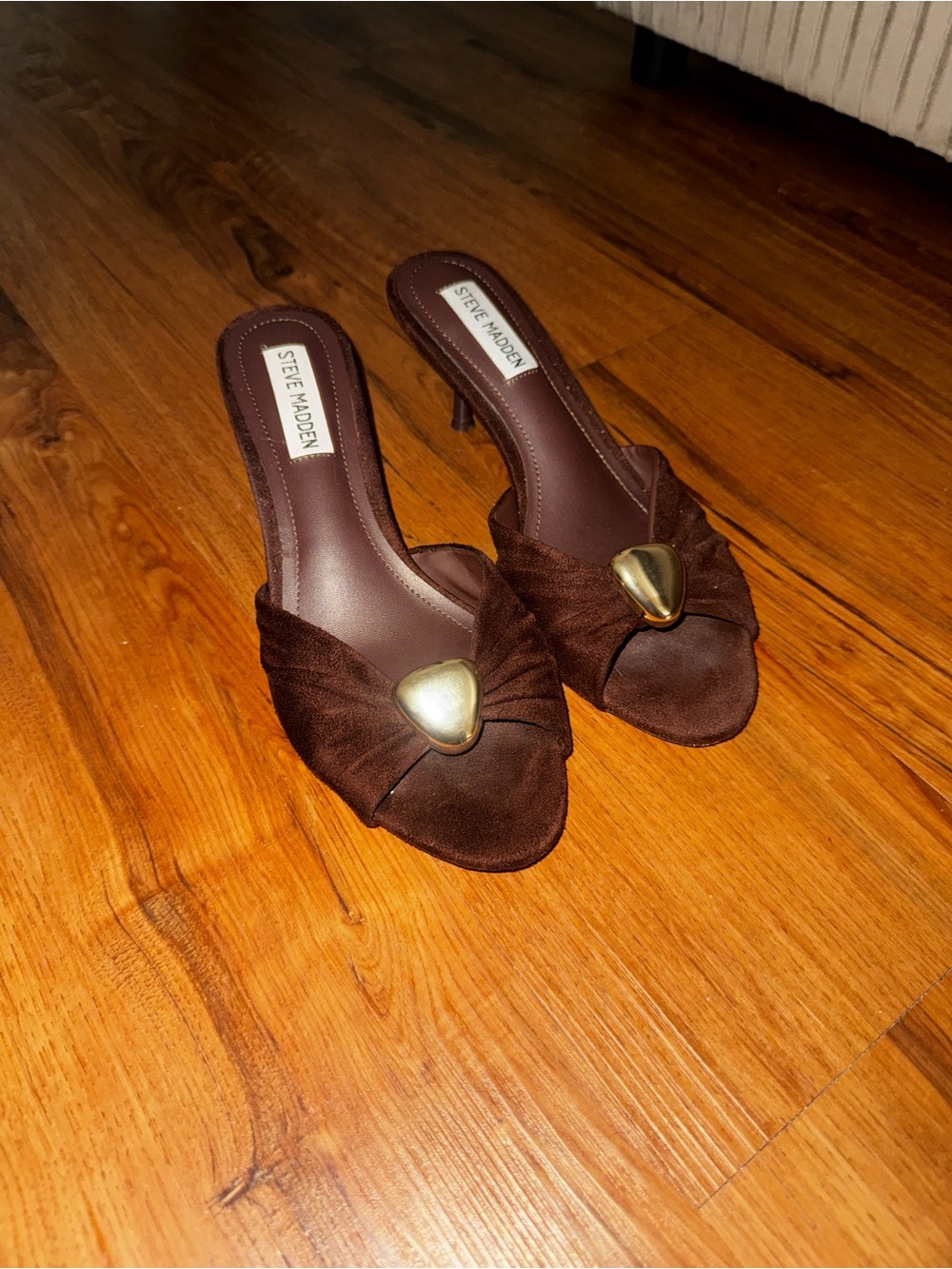 Steve Madden Chocolate Brown Satin Knot Mules with Gold Accent